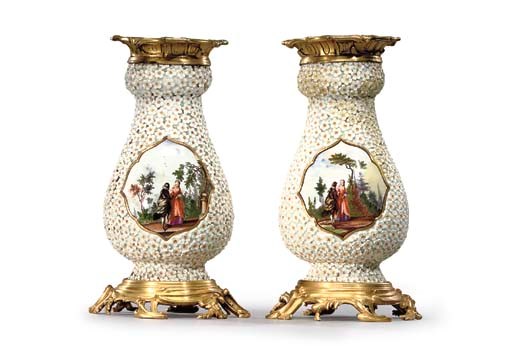 A PAIR OF LOUIS XV ORMOLU-MOUNTED MEISSEN VASES