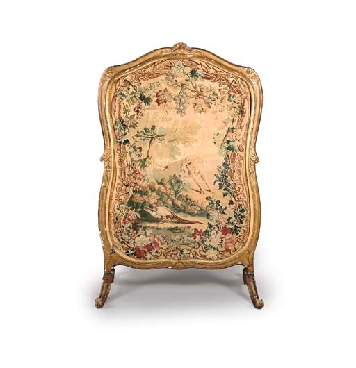 A LOUIS XV GILTWOOD AND BEAUVAIS TAPESTRY FIRESCREEN