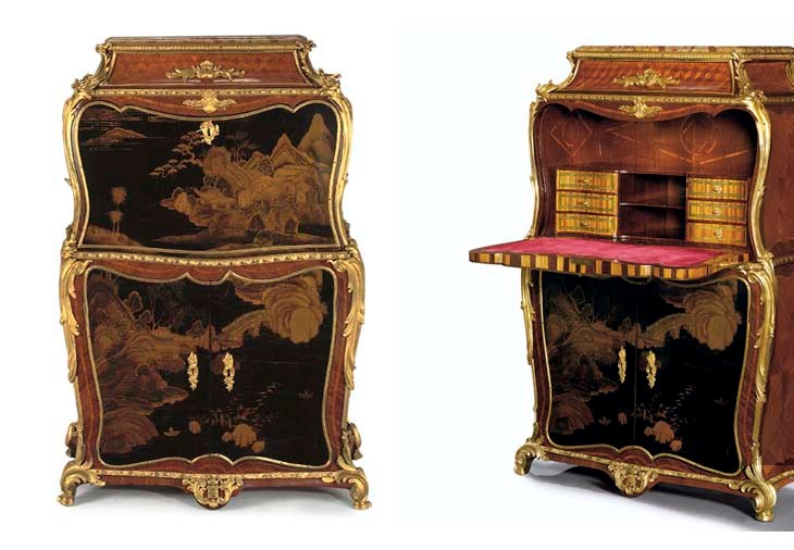 A LOUIS XV ORMOLU-MOUNTED TULIPWOOD, KINGWOOD, PARQUETRY AND CHINESE LACQUER BOMBE SECRETAIRE A ABATTANT