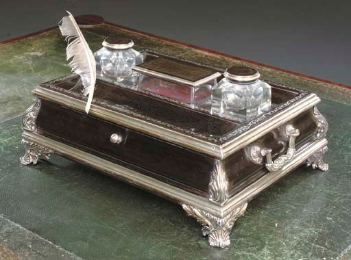 A GEORGE IV SILVER AND SILVER-PLATE MOUNTED EBONY INK-STAND