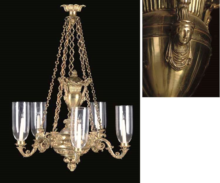 A GEORGE IV ORMOLU FIVE-LIGHT HANGING LIGHT
