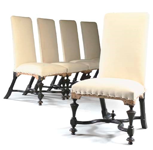 A SET OF FIVE QUEEN ANNE EBONISED SIDE CHAIRS