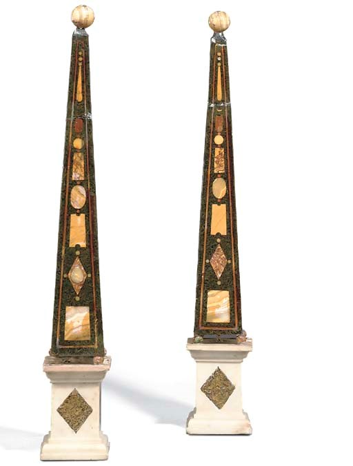A PAIR OF ITALIAN SIMULATED GREEN MARBLE, WHITE MARBLE AND SPECIMEN MARBLE OBELISKS