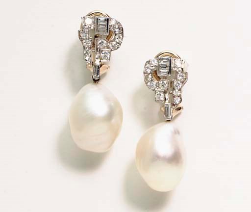 A PAIR OF BAROQUE CULTURED PEARL, DIAMOND AND PLATINUM EAR PENDANTS
