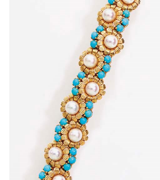 A CULTURED PEARL, TURQUOISE AND 18K GOLD BRACELET