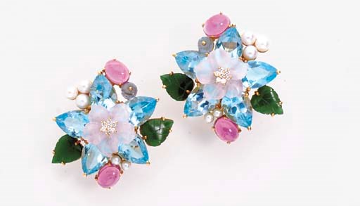 A PAIR OF MULTI-GEM AND GOLD EAR CLIPS