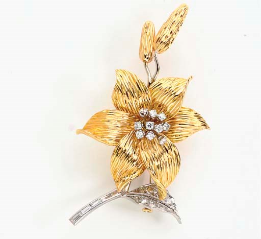 AN 18K YELLOW AND WHITE GOLD AND DIAMOND FLOWER PIN, BY BOUCHERON