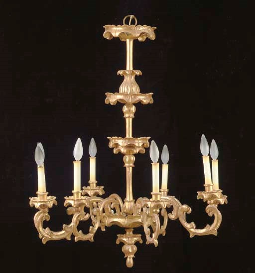 A CONTINENTAL ROCOCO STYLE GILTWOOD EIGHT-LIGHT CHANDELIER,