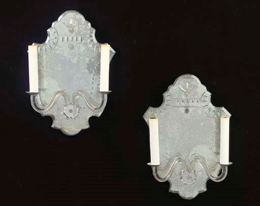 A PAIR OF VENETIAN STYLE ETCHED-GLASS TWIN-BRANCH WALL LIGHTS,