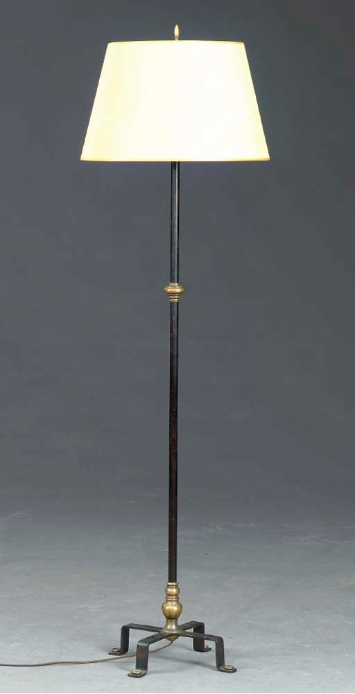A CONTEMPORARY BRASS AND WROUGHT-IRON FLOOR LAMP,