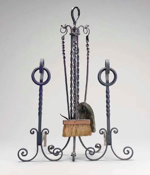 A PAIR OF WROUGHT-IRON ANDIRONS TOGETHER WITH A FIRESCREEN AND A SET OF TOOLS,