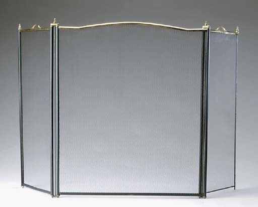 A PAIR OF BRASS STEEPLE-TOP ANDIRONS TOGETHER WITH A FIRESCREEN AND A SET OF TOOLS,