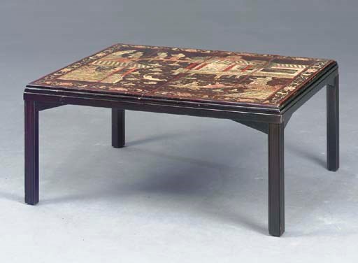 A CHINESE BLACK AND POLYCHROME LACQUER DECORATED LOW TABLE,