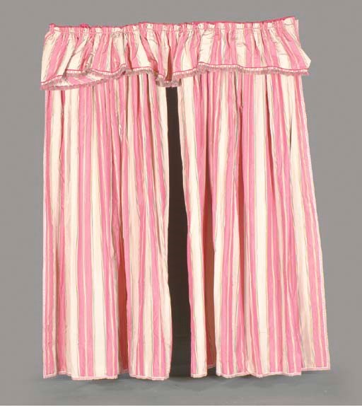 THREE PAIRS OF PINK AND CREAM STRIPED SILK CURTAINS WITH VALANCES,