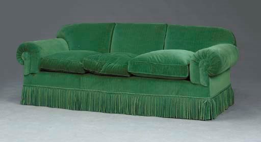 A CONTEMBORARY GREEN PLUSH VELVET SOFA,