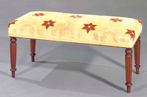 A GEORGE IV STYLE MAHOGANY UPHOLSTERED BENCH,