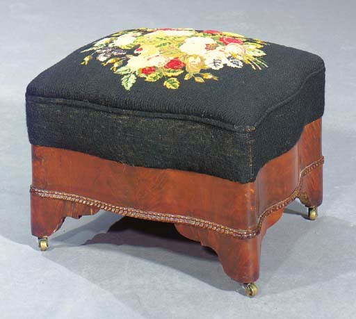 A VICTORIAN BERLINWORK COVERED MAHOGANY FOOTSTOOL,