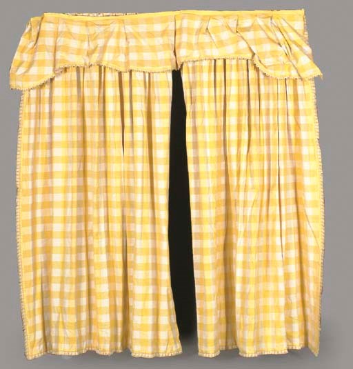 TWO PAIRS OF YELLOW CHECK CURTAINS WITH VALANCES,