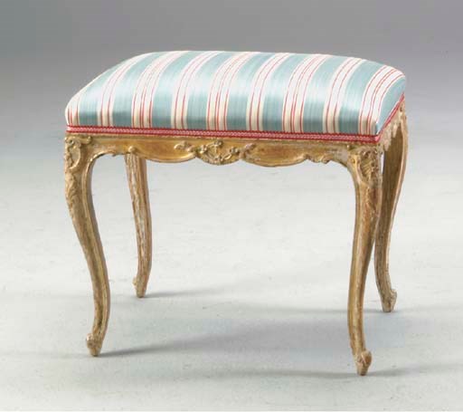 A LOUIS XV STYLE GILTWOOD AND POLYCHROME PAINTED TABOURET,