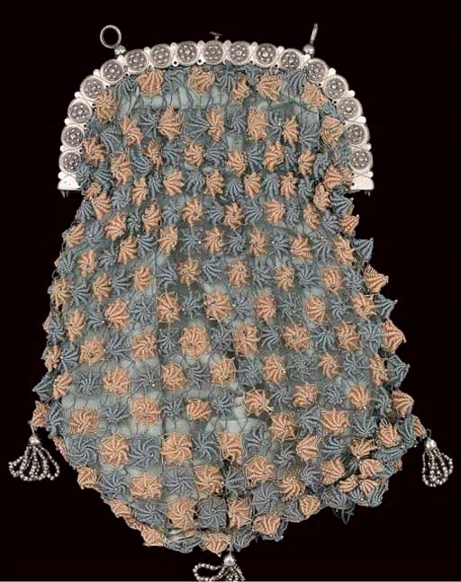 A BLUE AND TAUPE NEEDLEWORK BAG ON STEEL FRAME