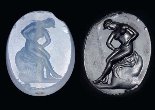 A GREEK BLUE CHALCEDONY SCARABOID