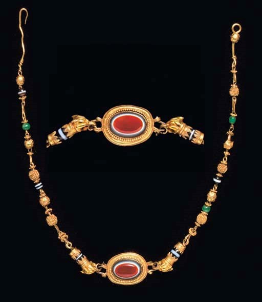 A GREEK GOLD, GLASS, AND STONE NECKLACE