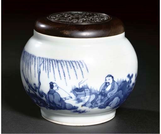 A blue and white globular jar, Transitional