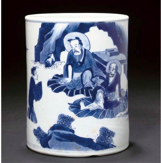 A blue and white cylindrical brushpot, Kangxi
