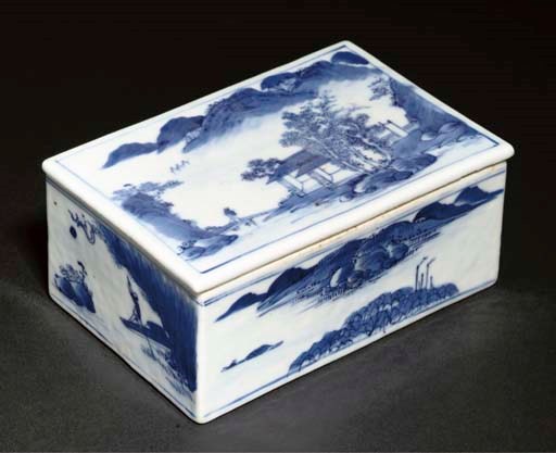 A blue and white rectangular box and cover, 19th century