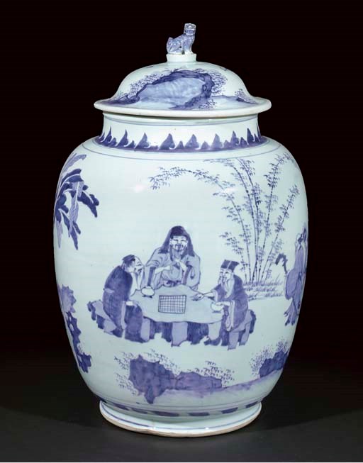 A large ovoid blue and white jar and cover, Transitional