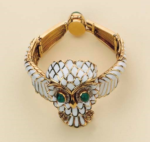 BRACCIALE IN ORO E PLATINO CON SMALTO, SMERALDI E BRILLANTI, FIRMATO DAVID WEBB