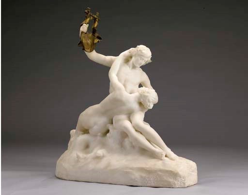 GRUPPO DI PAN CON NINFA IN MARMO E BRONZO, FRANCIA, SECOLO XIX,