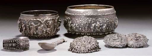 Two Burmese repousse silver bowls, 19th Century