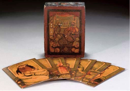 A Persian papier mache box and seven portraits, Qajar 19th century