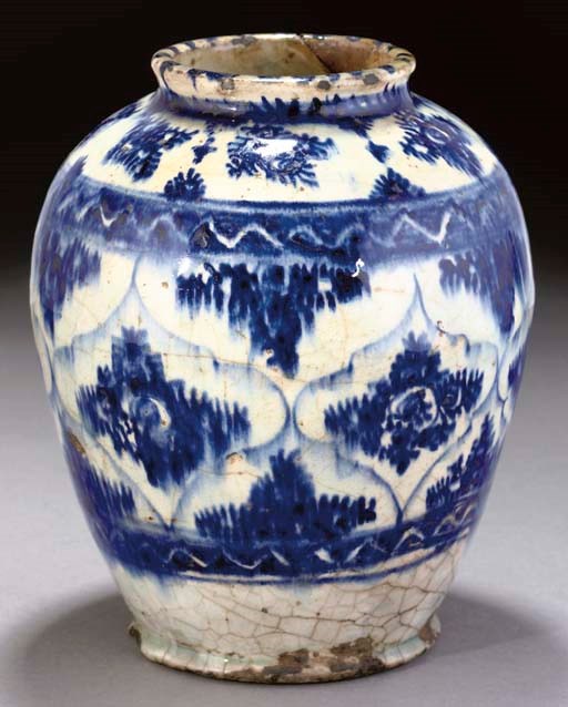 A glazed pottery blue and white jar, Iran, 17/18th century