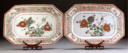 A pair of famille verte oblong octagonal dishes, Kangxi