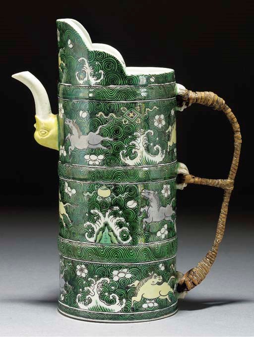 A famille verte Tibetan Market ewer and cover, 19th century