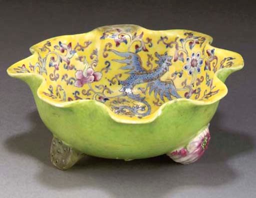 A famille rose yellow ground lotus form dish, 19th century