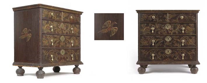 A WILLIAM AND MARY DIMINUTIVE PAINT-DECORATED PINE CHEST-OF-DRAWERS