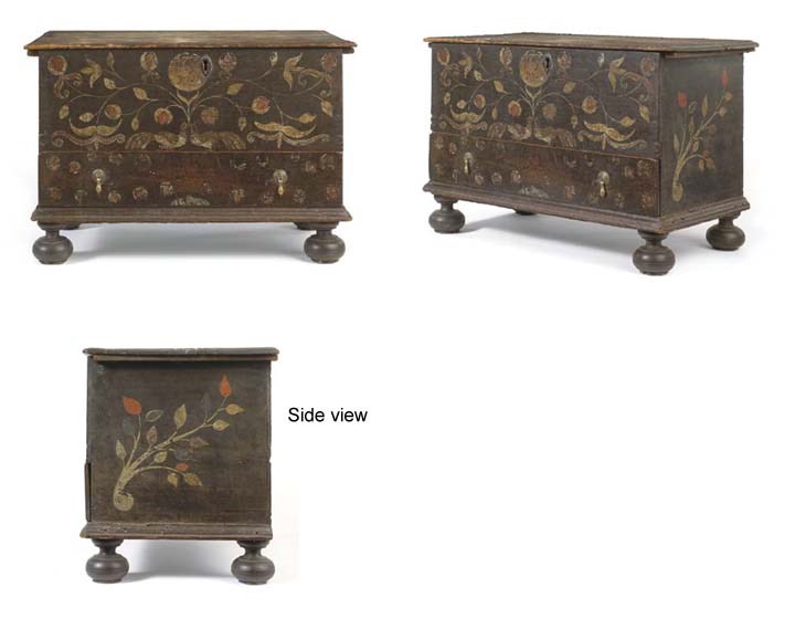 A WILLIAM AND MARY DIMINUTIVE PAINT-DECORATED PINE CHEST-WITH-DRAWER