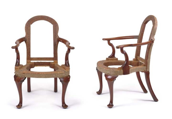 A QUEEN ANNE MAHOGANY UPHOLSTERED OPEN ARMCHAIR