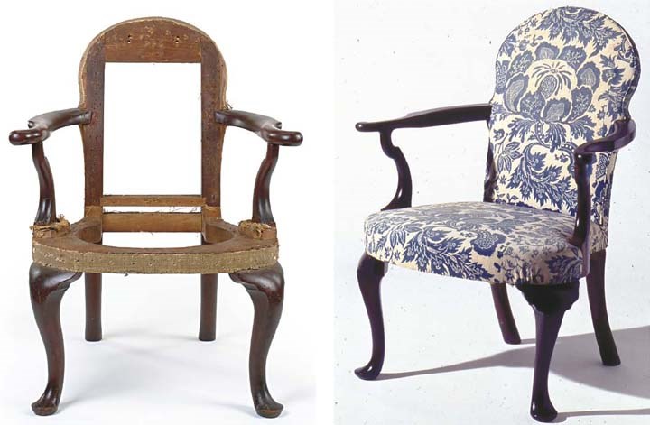 A QUEEN ANNE MAHOGANY UPHOLSTERED OPEN ARMCHAIR