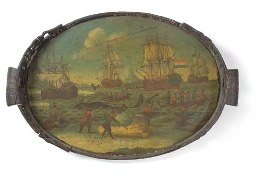 AN OVAL POLYCHROME WOODEN TRAY