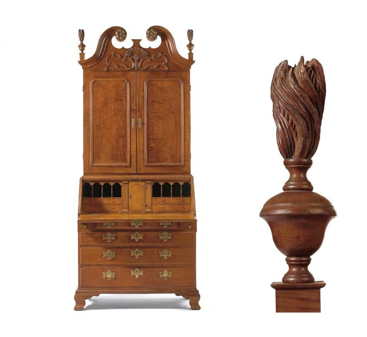 A CHIPPENDALE FIGURED MAPLE DESK-AND-BOOKCASE
