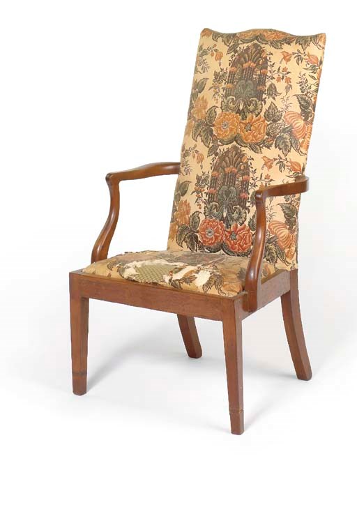 A FEDERAL MAHOGANY UPHOLSTERED OPEN ARMCHAIR
