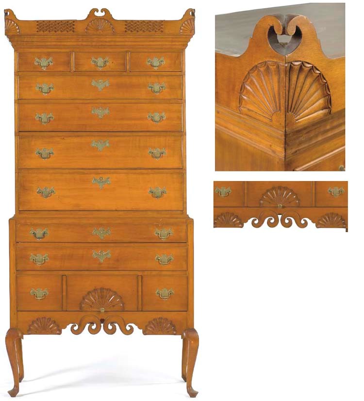 A QUEEN ANNE CARVED MAPLE HIGH CHEST-OF-DRAWERS