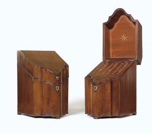 A PAIR OF GEORGE III MAHOGANY VENEERED KNIFE BOXES