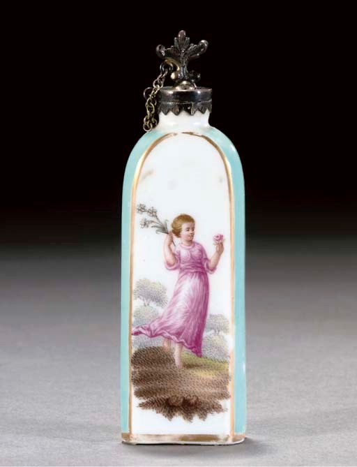 A GERMAN PORCELAIN WHITE-METAL-MOUNTED TURQUOISE-GROUND FLACON
