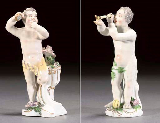 TWO FÜRSTENBERG FIGURES OF PUTTI EMBLEMATIC OF SIGHT AND SOUND