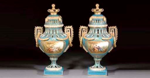 A PAIR OF SEVRES-STYLE TURQUOISE-GROUND VASES AND COVERS